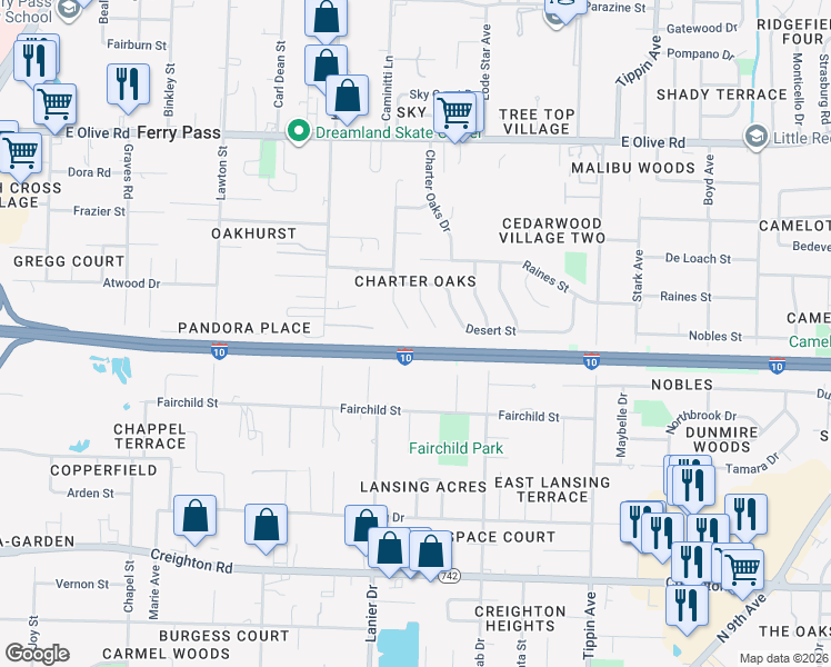 map of restaurants, bars, coffee shops, grocery stores, and more near 500 Desert Oak Drive in Pensacola