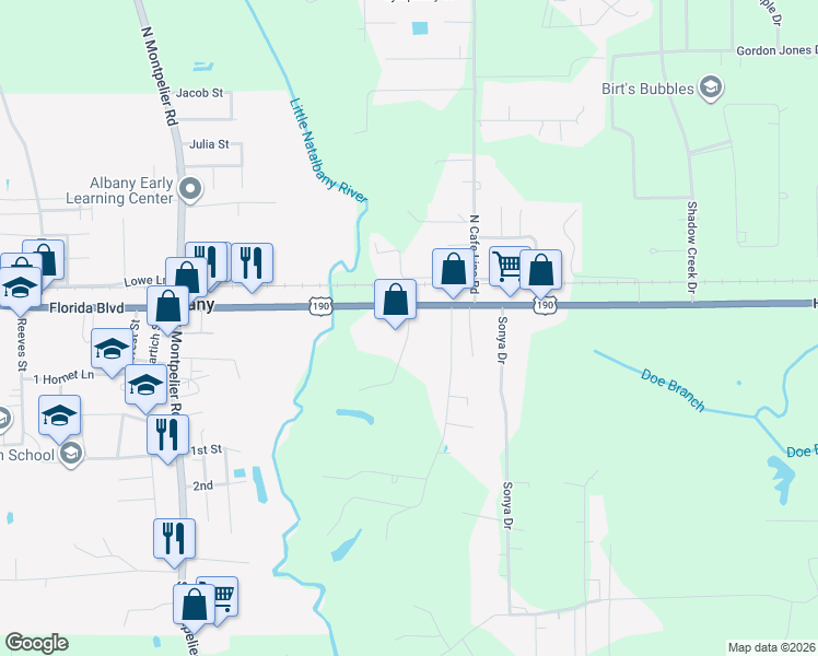 map of restaurants, bars, coffee shops, grocery stores, and more near 19357 Florida Boulevard in Albany