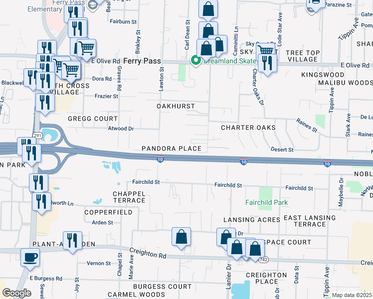 map of restaurants, bars, coffee shops, grocery stores, and more near 2600 Pandora Place in Pensacola