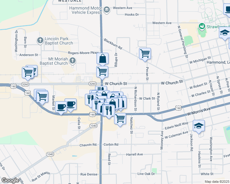 map of restaurants, bars, coffee shops, grocery stores, and more near 126 Rosewood Drive in Hammond