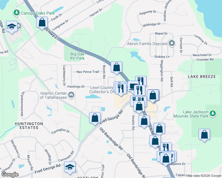 map of restaurants, bars, coffee shops, grocery stores, and more near 2518 Hastings Drive in Tallahassee