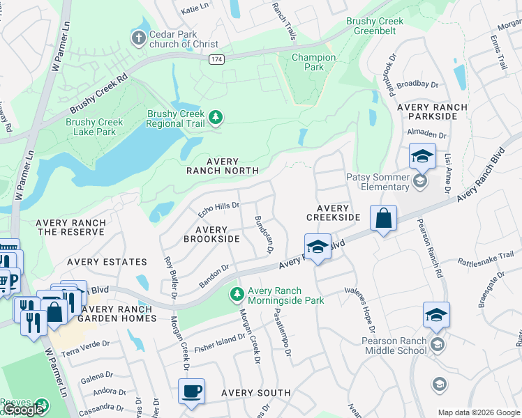 map of restaurants, bars, coffee shops, grocery stores, and more near 10014 Whitley Bay Drive in Austin