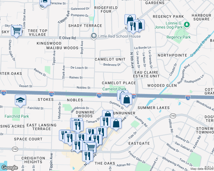 map of restaurants, bars, coffee shops, grocery stores, and more near 7715 Gallahad Road in Pensacola