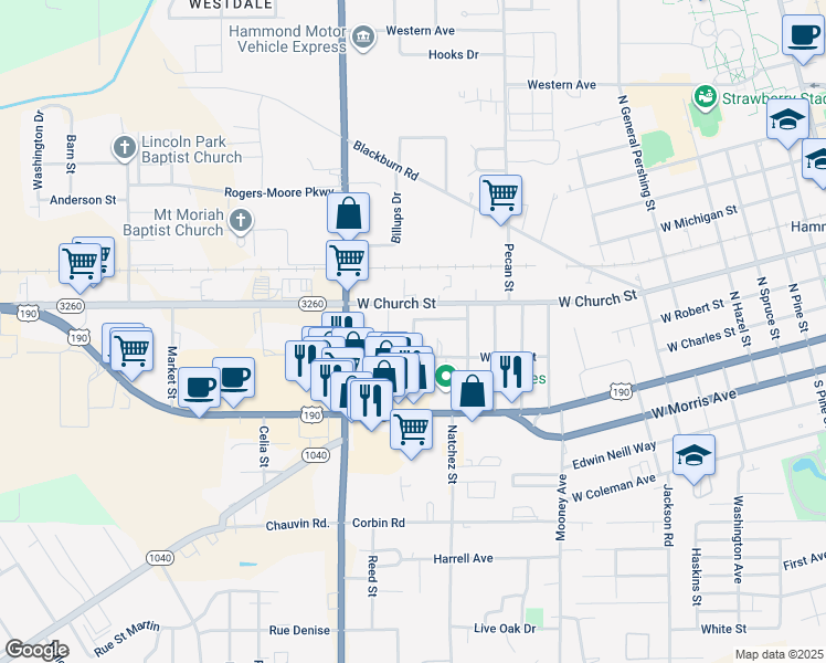 map of restaurants, bars, coffee shops, grocery stores, and more near 152 Rosewood Drive in Hammond