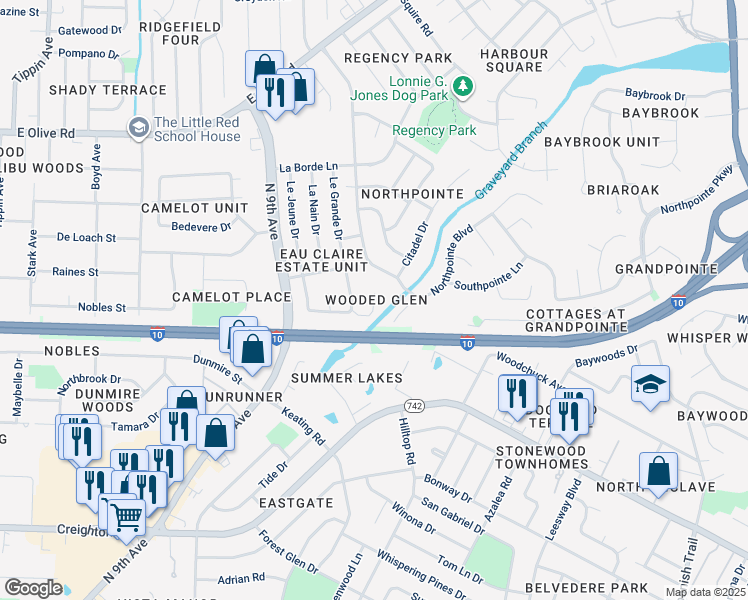 map of restaurants, bars, coffee shops, grocery stores, and more near 7674 Wood Stream Drive in Pensacola