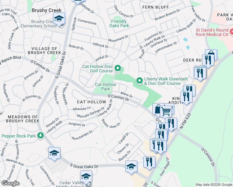 map of restaurants, bars, coffee shops, grocery stores, and more near 16901 Korat Lane in Round Rock