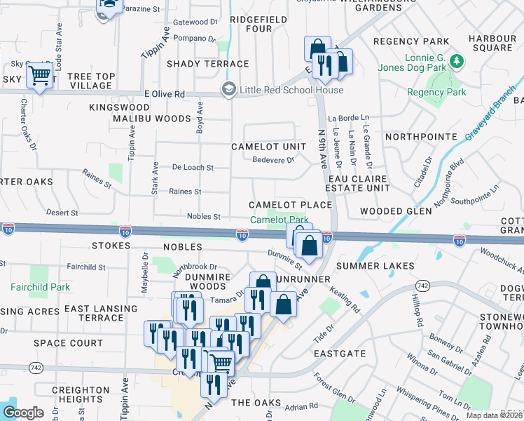 map of restaurants, bars, coffee shops, grocery stores, and more near 7715 Gallahad Road in Pensacola