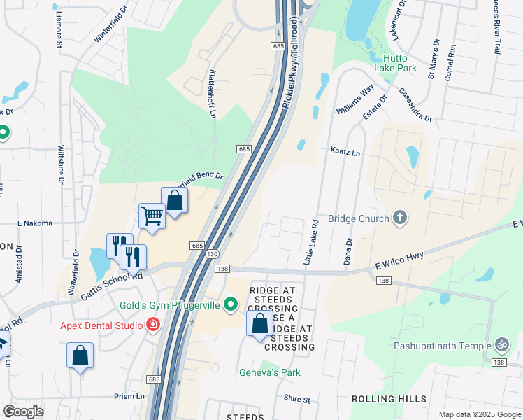 map of restaurants, bars, coffee shops, grocery stores, and more near 2535 Farm to Market 685 in Hutto