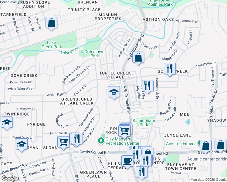 map of restaurants, bars, coffee shops, grocery stores, and more near 1701 Logan Drive in Round Rock