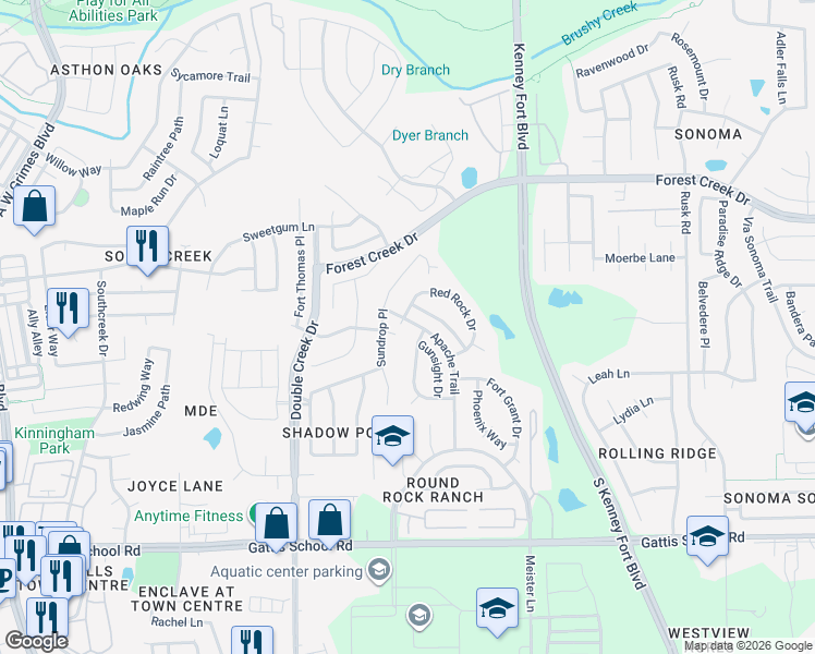 map of restaurants, bars, coffee shops, grocery stores, and more near 1901 Red Rock Drive in Round Rock