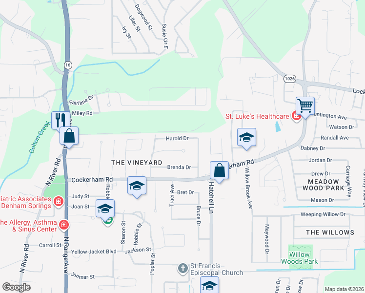 map of restaurants, bars, coffee shops, grocery stores, and more near 8464 Harold Drive in Denham Springs