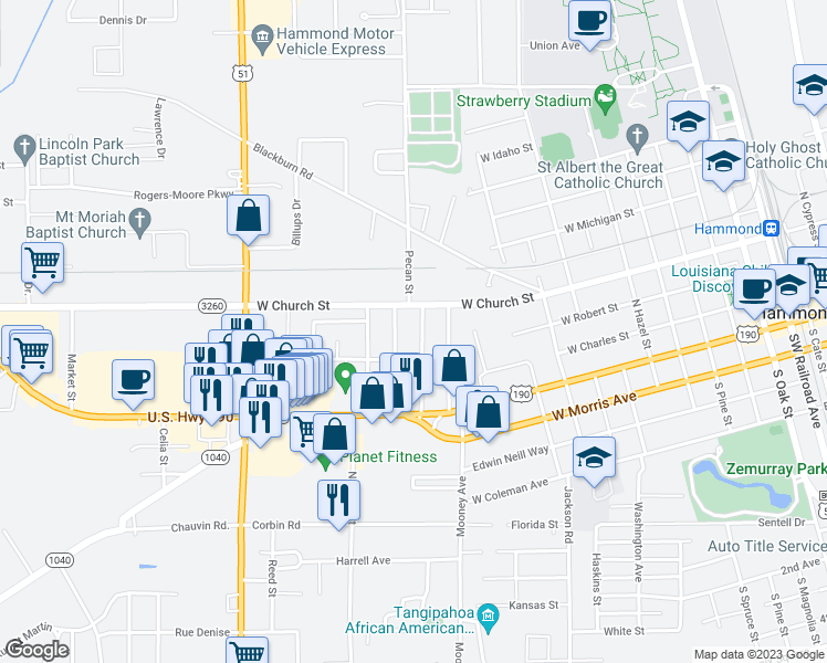 map of restaurants, bars, coffee shops, grocery stores, and more near 216 North Scanlan Street in Hammond