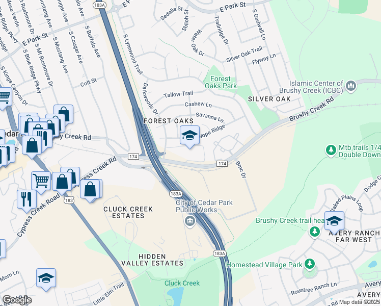 map of restaurants, bars, coffee shops, grocery stores, and more near 1001 Brushy Creek Road in Cedar Park