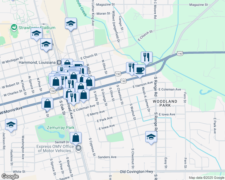 map of restaurants, bars, coffee shops, grocery stores, and more near 207 South Olive Street in Hammond