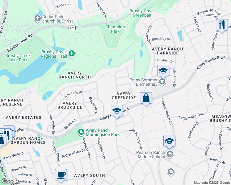 map of restaurants, bars, coffee shops, grocery stores, and more near 10301 Medinah Greens Drive in Austin