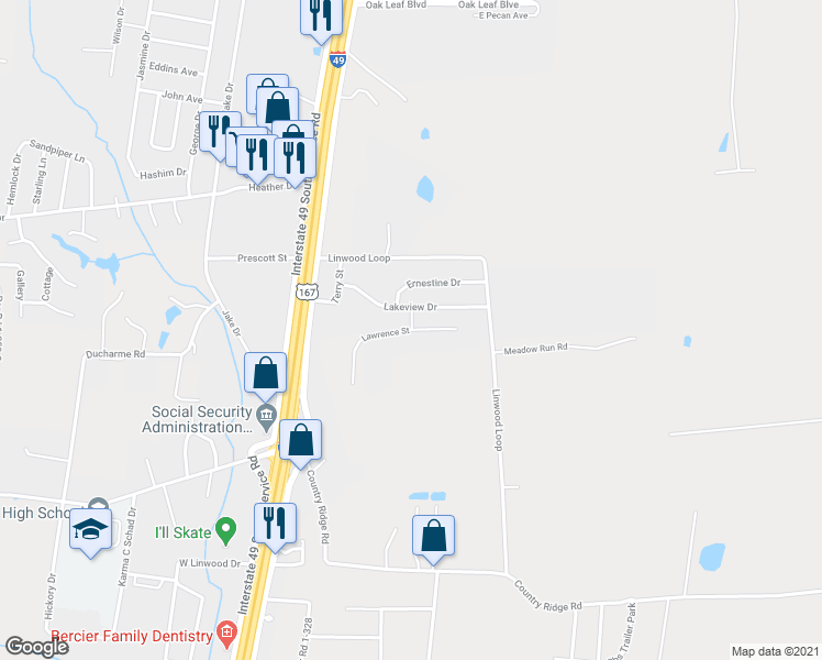 map of restaurants, bars, coffee shops, grocery stores, and more near 1701 Lawrence Street in Opelousas
