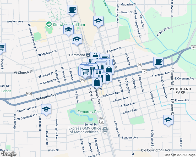 map of restaurants, bars, coffee shops, grocery stores, and more near 109 South Cate Street in Hammond