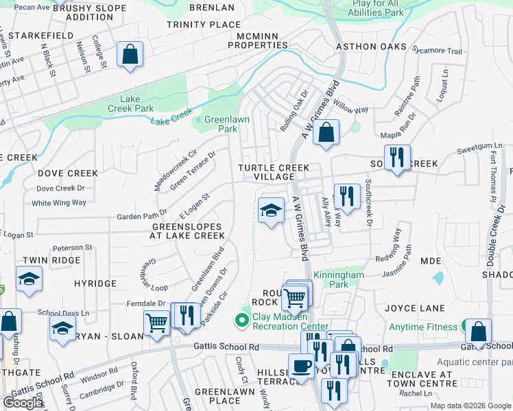 map of restaurants, bars, coffee shops, grocery stores, and more near 1701 Logan Drive in Round Rock