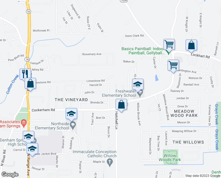 map of restaurants, bars, coffee shops, grocery stores, and more near 30620 Stephen Drive in Denham Springs