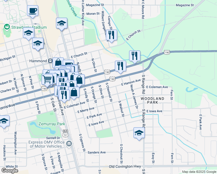 map of restaurants, bars, coffee shops, grocery stores, and more near 707 East Hanson Avenue in Hammond