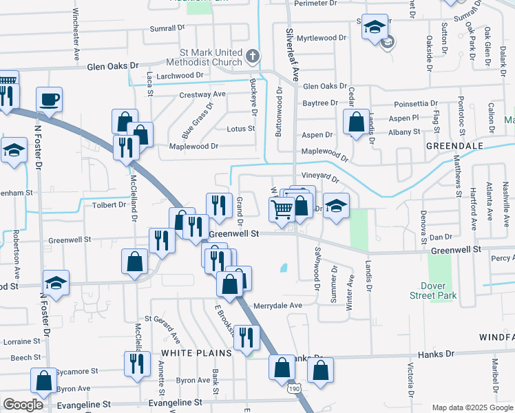 map of restaurants, bars, coffee shops, grocery stores, and more near 5835 East Grand Court in Baton Rouge