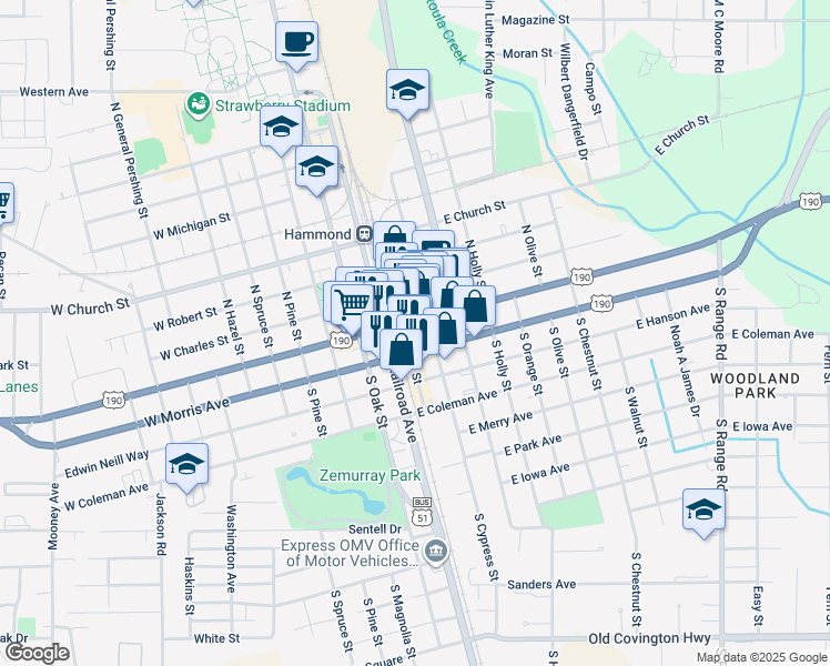 map of restaurants, bars, coffee shops, grocery stores, and more near in Hammond