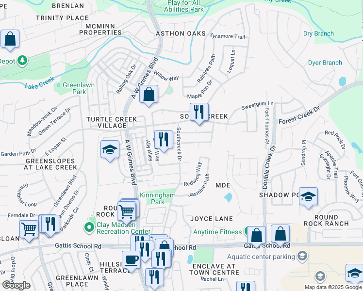 map of restaurants, bars, coffee shops, grocery stores, and more near 700 Southcreek Drive in Round Rock