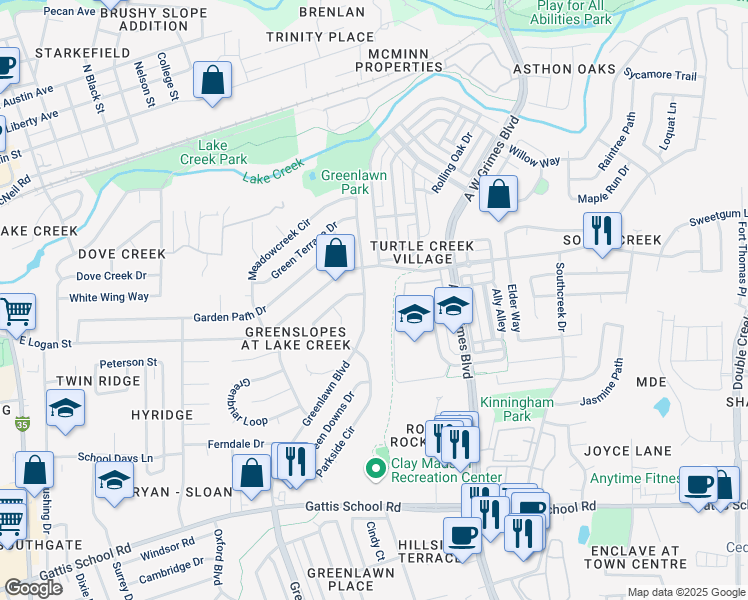map of restaurants, bars, coffee shops, grocery stores, and more near 623 Greenlawn Boulevard in Round Rock