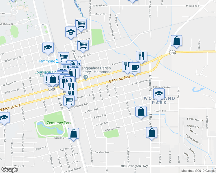 map of restaurants, bars, coffee shops, grocery stores, and more near 207 South Olive Street in Hammond