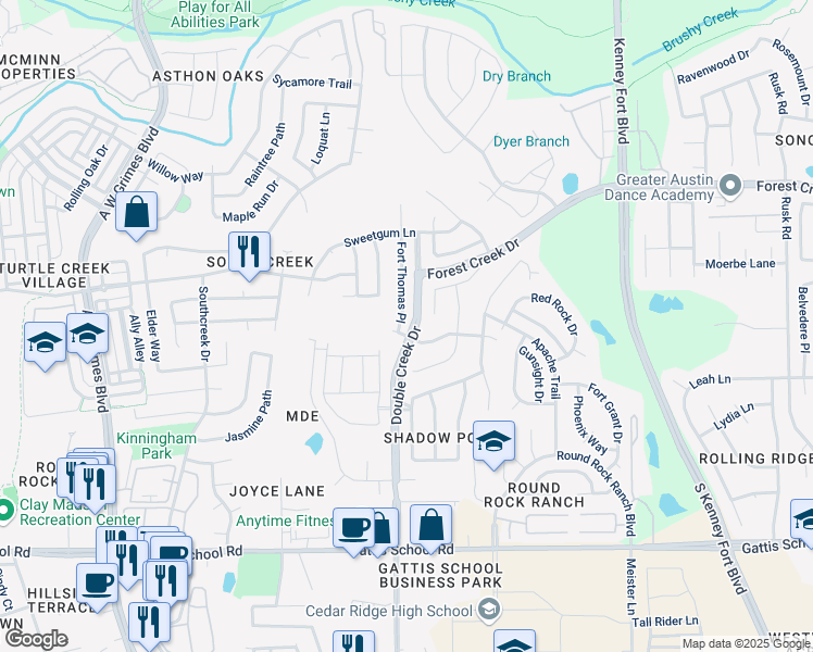 map of restaurants, bars, coffee shops, grocery stores, and more near 645 Fort Thomas Place in Round Rock