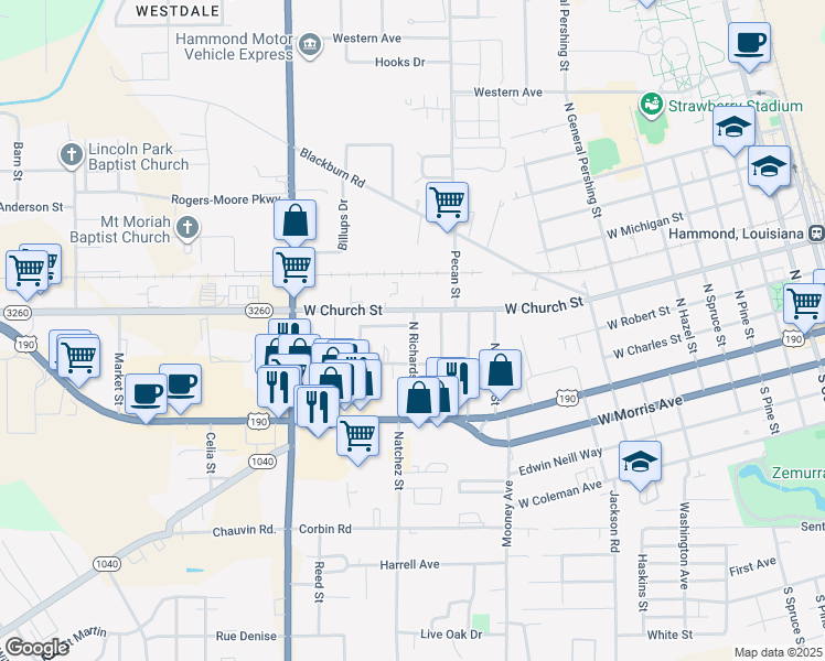 map of restaurants, bars, coffee shops, grocery stores, and more near 152 Rosewood Drive in Hammond