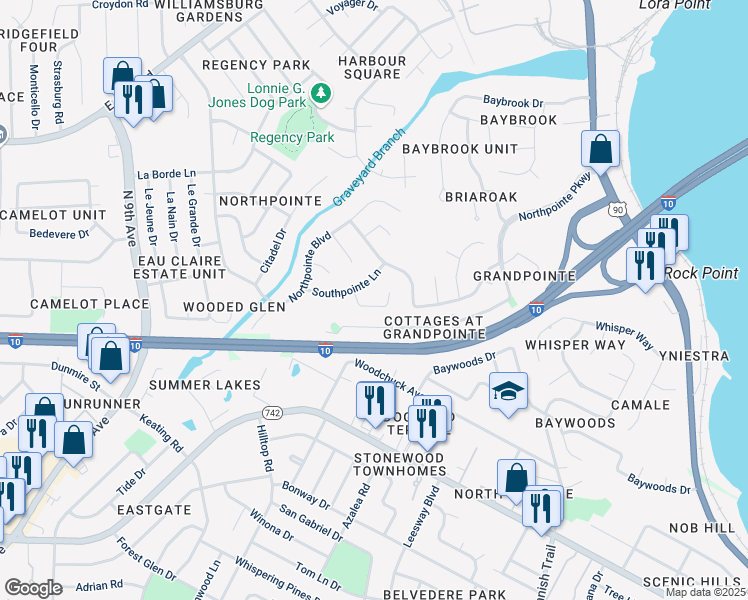 map of restaurants, bars, coffee shops, grocery stores, and more near 7530 Southpointe Place in Pensacola