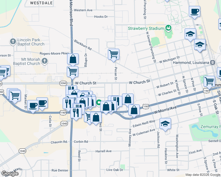 map of restaurants, bars, coffee shops, grocery stores, and more near 215 North Carter Street in Hammond