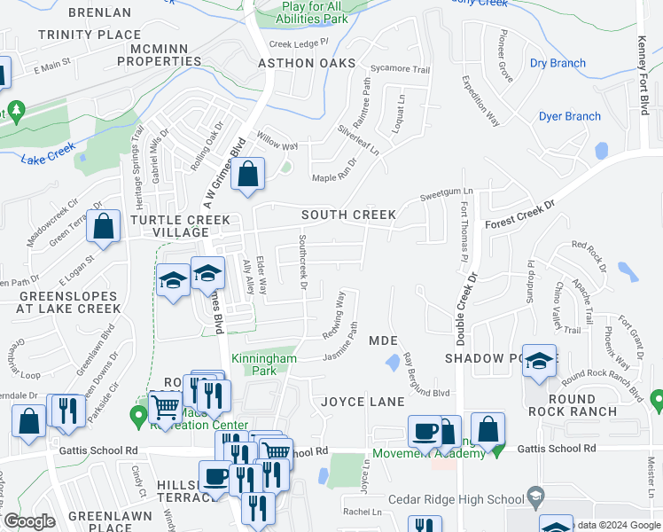 map of restaurants, bars, coffee shops, grocery stores, and more near 2111 Rosemary Lane in Round Rock
