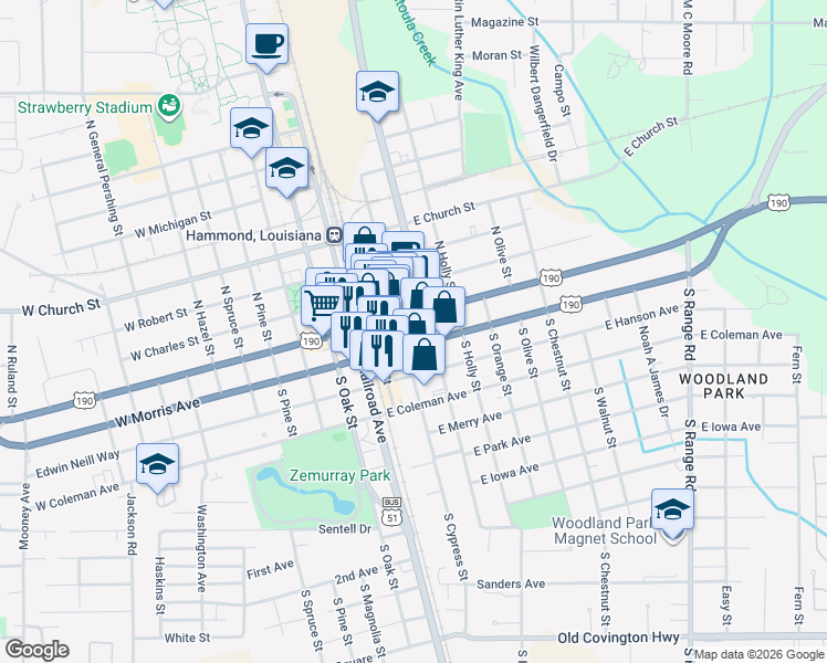 map of restaurants, bars, coffee shops, grocery stores, and more near 109 1/2 South Cypress Street in Hammond