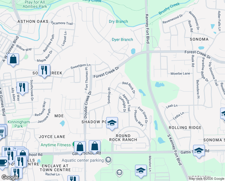 map of restaurants, bars, coffee shops, grocery stores, and more near 1901 Red Rock Drive in Round Rock