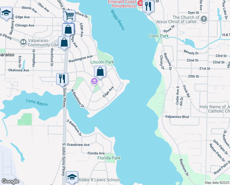 map of restaurants, bars, coffee shops, grocery stores, and more near 1181 North Bayshore Drive in Valparaiso