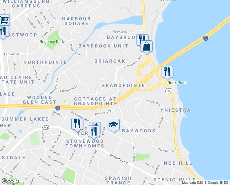 map of restaurants, bars, coffee shops, grocery stores, and more near 216 Wildflower Lane in Pensacola