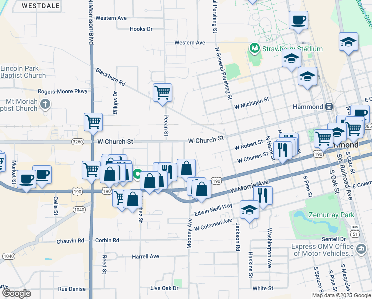 map of restaurants, bars, coffee shops, grocery stores, and more near 216 North Ruland Street in Hammond