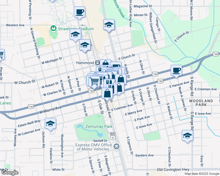 map of restaurants, bars, coffee shops, grocery stores, and more near in Hammond
