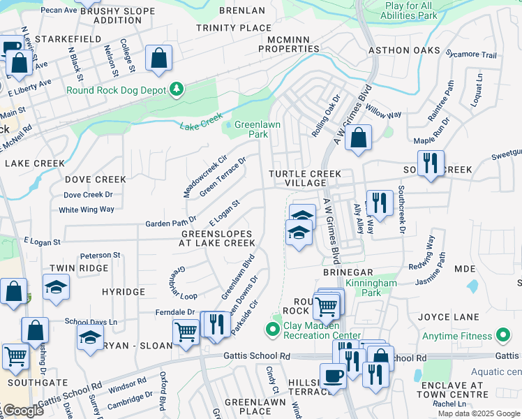 map of restaurants, bars, coffee shops, grocery stores, and more near 1401 Clearview Loop in Round Rock