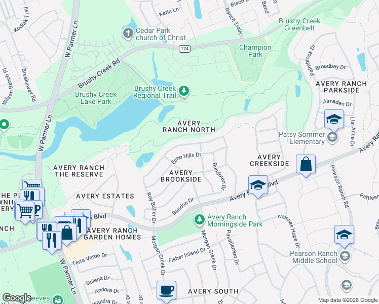 map of restaurants, bars, coffee shops, grocery stores, and more near 15700 Echo Hills Drive in Austin
