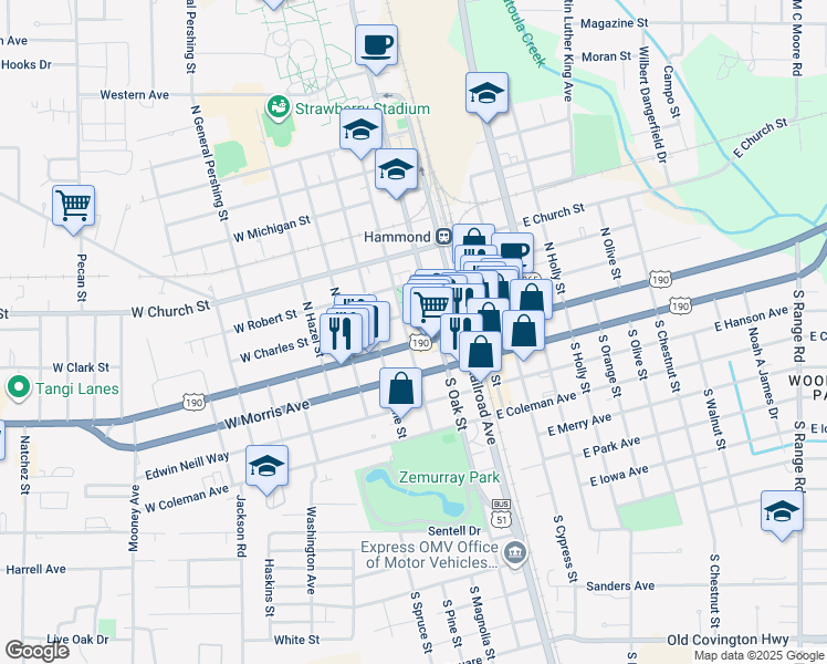 map of restaurants, bars, coffee shops, grocery stores, and more near 106 North Magnolia Street in Hammond