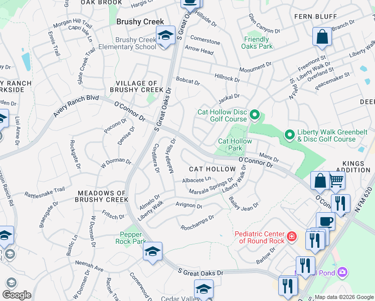 map of restaurants, bars, coffee shops, grocery stores, and more near 7042 Chamonix Terrace in Round Rock