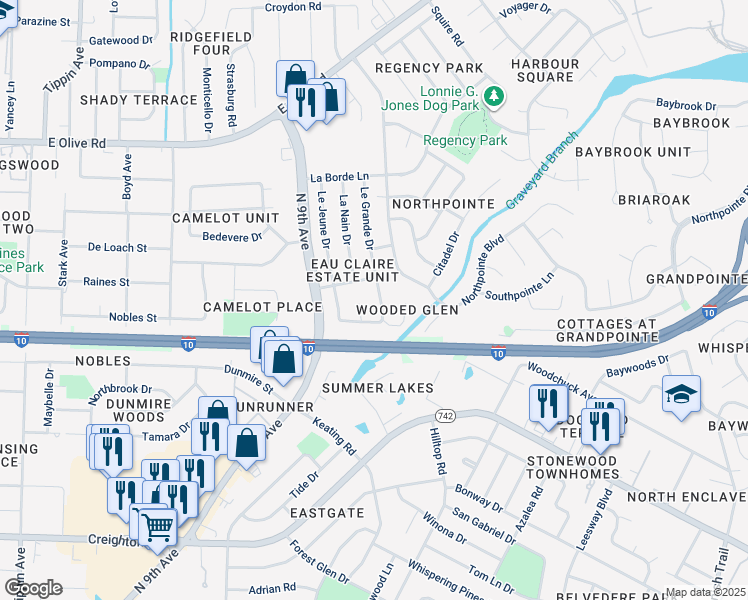 map of restaurants, bars, coffee shops, grocery stores, and more near 7655 Le Grande Drive in Pensacola