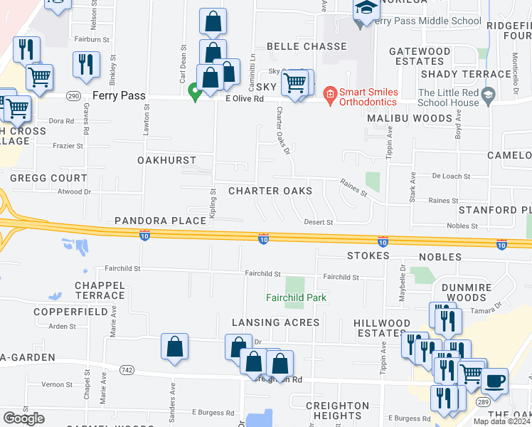 map of restaurants, bars, coffee shops, grocery stores, and more near 516 Desert Oak Drive in Pensacola