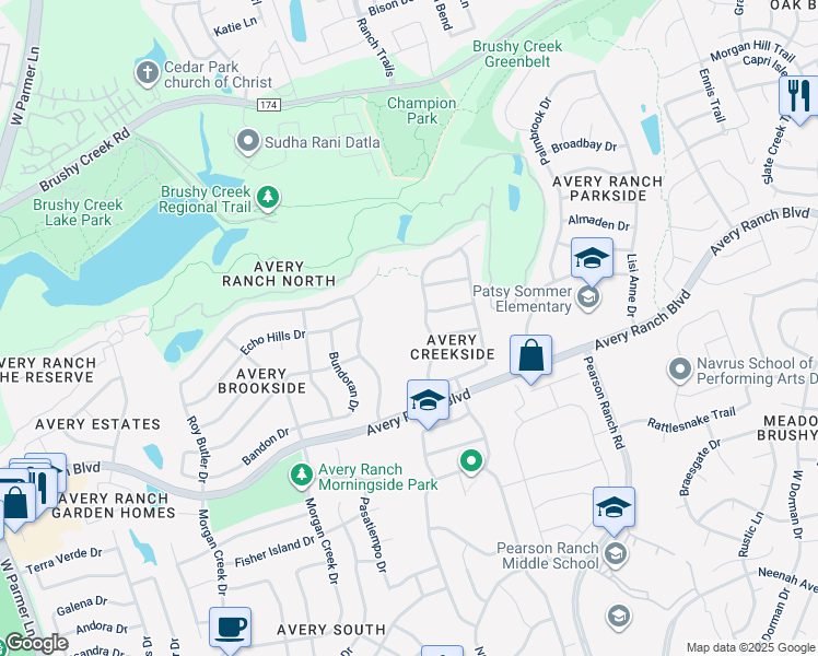 map of restaurants, bars, coffee shops, grocery stores, and more near 15800 Avery Ranch Boulevard in Austin
