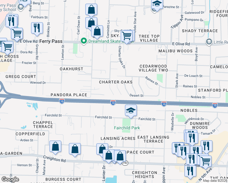 map of restaurants, bars, coffee shops, grocery stores, and more near 516 Desert Oak Drive in Pensacola
