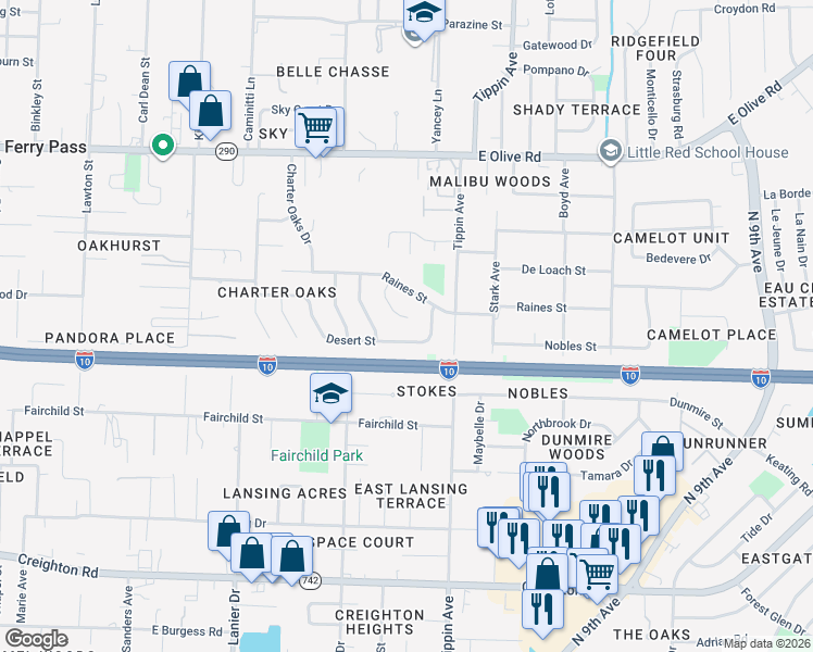 map of restaurants, bars, coffee shops, grocery stores, and more near 3197 Raines Court in Pensacola