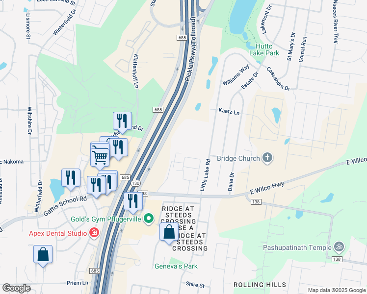 map of restaurants, bars, coffee shops, grocery stores, and more near 2535 Farm to Market 685 in Hutto